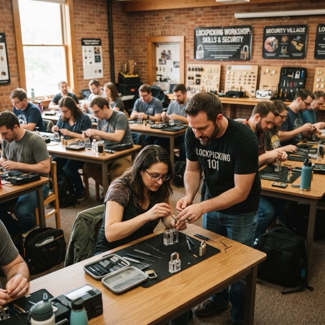 Officers practicing lock picking techniques in a classroom setting
