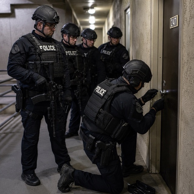 Law enforcement officer practicing tactical lock entry techniques